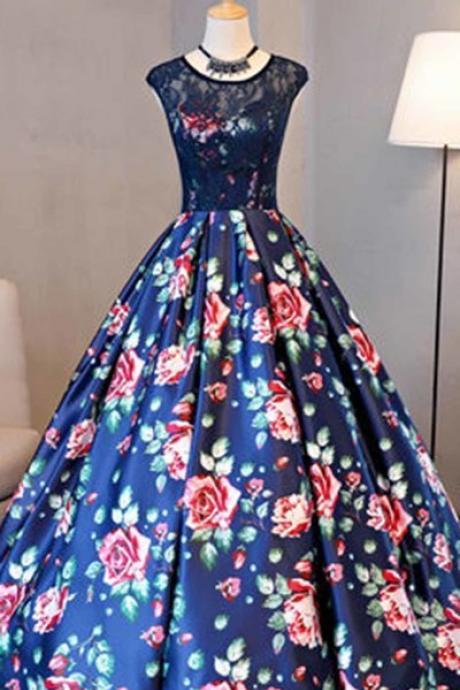 Luxury Prom Dresses, Printing Flowers Prom Gown,Cap Sleeve Prom Dress, Ball Gown Prom Dress, Custom Pageant Lace Dress,PL1990