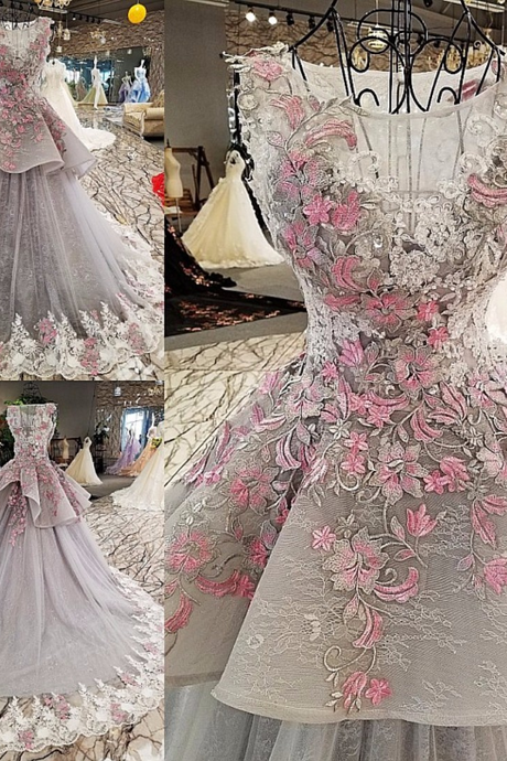 Pink Floral Lace Appliques Gray Tulle Ball Gowns Wedding Dresses Evening Dress,pl1992