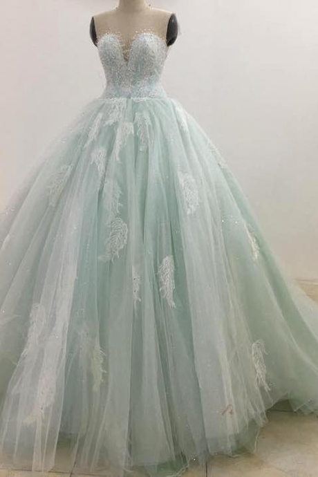 Mint Green Floral Lace Flutter Sleeve Ball Gown Wedding Dress With Court Train,pl1999