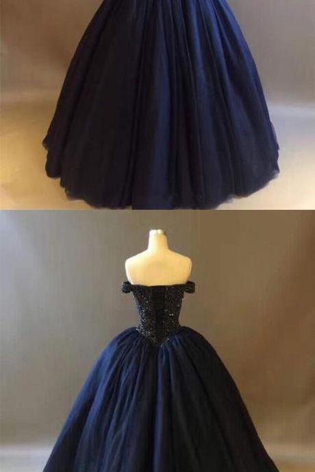 Dark Navy Blue Quinceanera Dresses With Rhinestones Beaded Elegant Puffy Ball Gowns Sweet 16 Dress Vestido,pl2035