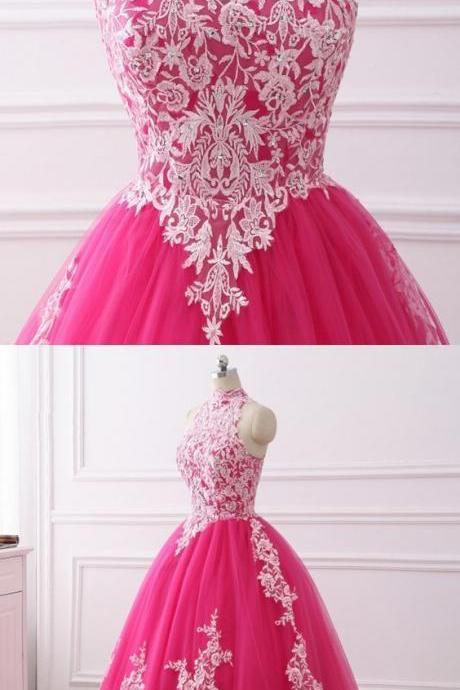 Fuchsia Ball Gowns Dress High Neck Applique Vintage Evening Dress,pl2039