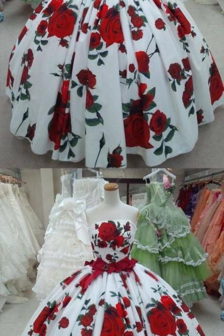 Ball Gown Prom Dresses Strapless Rose Floral Print Red And White Long Prom Dress,pl2045