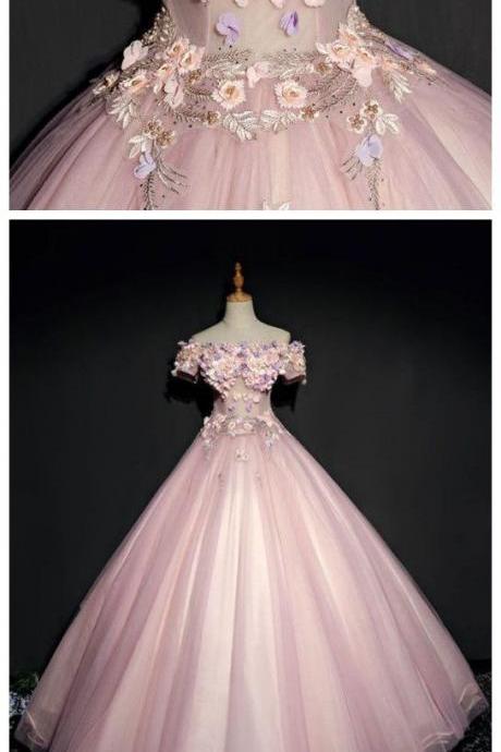 Chic Prom Dresses Ball Gown Off Shoulder Floral Beautiful Prom Dress Pink Evening Dress,pl2048