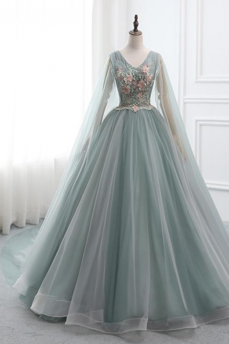 2021 Custom Prom Dress Ball Gown Long Quinceanera Dress V-neck Long Sleeve Party Dress Applique Pearl Wedding Bride Gown,pl2125