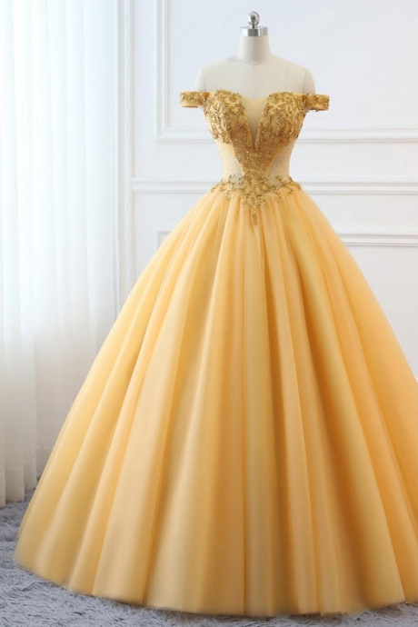 2021 Gold Prom Ball Gown Beaded Off Shoulder Quinceanera Dress Tulle Masquerade Prom Dress Wedding Bride Gown Corset Back Custom Size