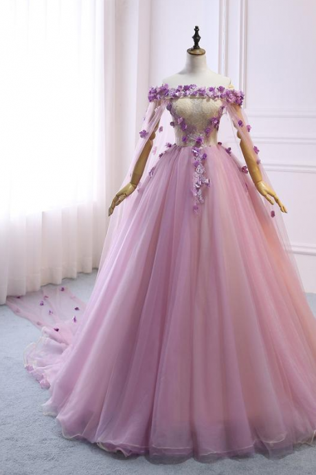 Custom Women Light Purple Prom Dress Ball Gown Long Quinceanera Dress Flowers Shoulder Cape Prom Dress Wedding Bride Gown,pl2133
