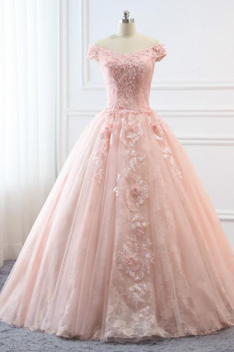 Custom Women Light Pink Prom Dress Ball Gown Long Quinceanera Dress Floral Flowers Masquerade Prom Dress Wedding Bride Gown,pl2134