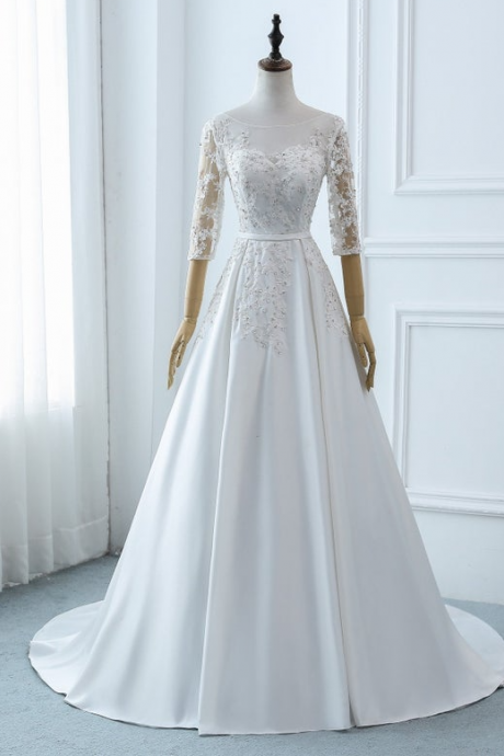 Wedding Dress Lace Long , A-line Wedding Dress , White Crystal Bridal Dress with 3/4 Sleeve , Satin Bridemaids Dresses Elegant Ball Gown,PL2137