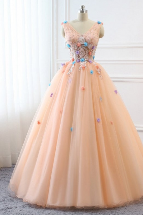 Prom Ball Gown Plus Size Long 2021 Women Formal Dresses Tulle Orange Pink Flowers Quinceanera Dress Masquerade Prom Dress Wedding Bride