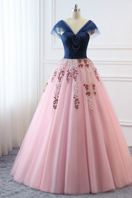 Custom Women Light Pink Prom Dress Ball Gown Long Quinceanera Dress Floral Flowers Masquerade Prom Dress Wedding Bride Gown,PL2140