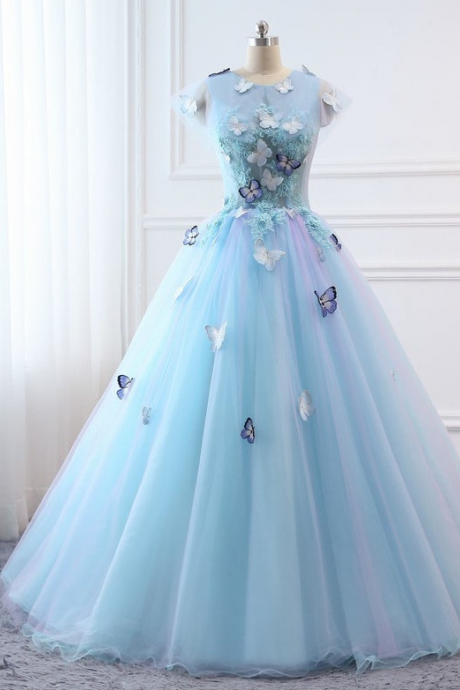 Prom Ball Gown Plus Size Long 2021 Women Formal Dresses Sky Blue Butterfly Flower Quinceanera Dress Masquerade Prom Dress Wedding Bride