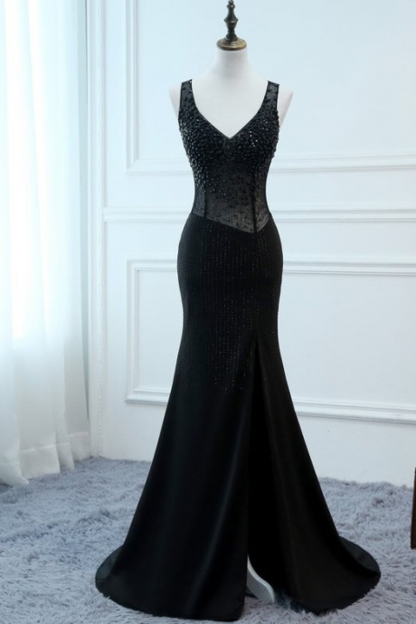 Black Prom Dresses Long Trumpet/mermaid V-neck Evening Dresses Foral Crystal Dress Women Formal Party Gown Fashionable Bride Gown,pl2152