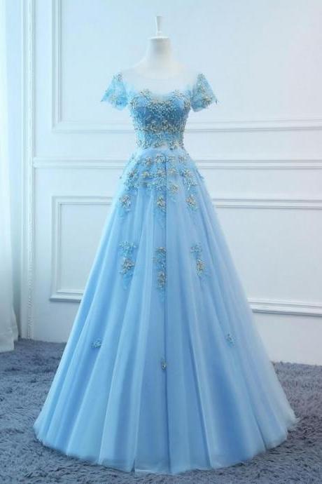 Prom Dresses Long Blue Evening Dresses Foral Tulle Dress Women Formal Party Gown Fashionable Bride Gown Corset Back Quality Custom Made,pl2156