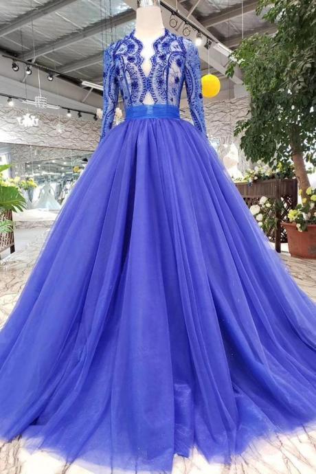 Design Long Sleeves See Through Lace Beaded Blue Prom Dresses Formal Evening Party Dress,pl2165