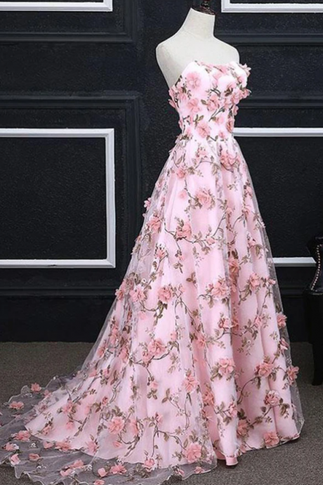 A Line Strapless Blush Pink Lace Flowers Long Prom Dresses Formal Evening Gown Dress,pl2171