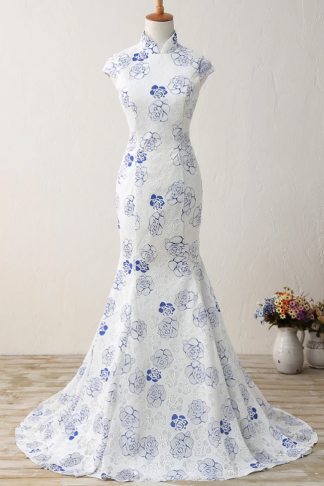 New Arrival High Neck Printing Flowers Mermaid White Prom Dresses Evening Formal Dress ,PL2172