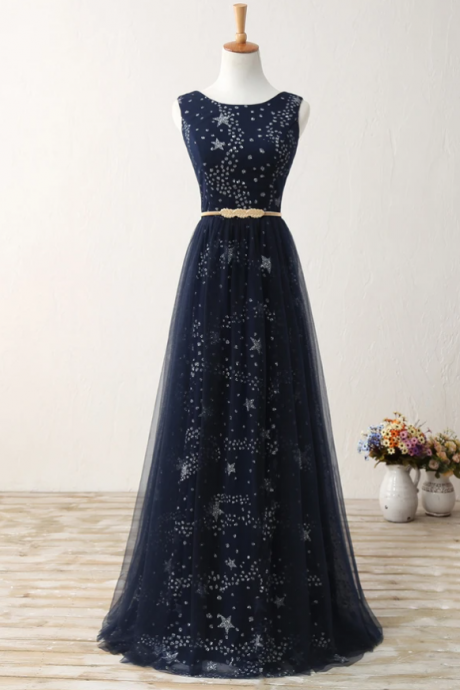 A Line Real Picture Navy Blue Tulle Floor Length Prom Dresses Party Formal Dress,pl2173