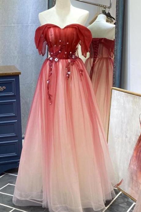 Charming Red Tulle Gradient Long Party Dress 2021, Junior Prom Dress,pl2175