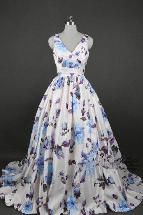 Blue Ivory Floral Print Sleeveless Floor Length Ball Gown Beading Pearls Prom Dress,pl2196