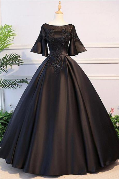 Black Satin Open Back Mid Sleeve Long Applique Evening Dress, Prom Dress,pl2198