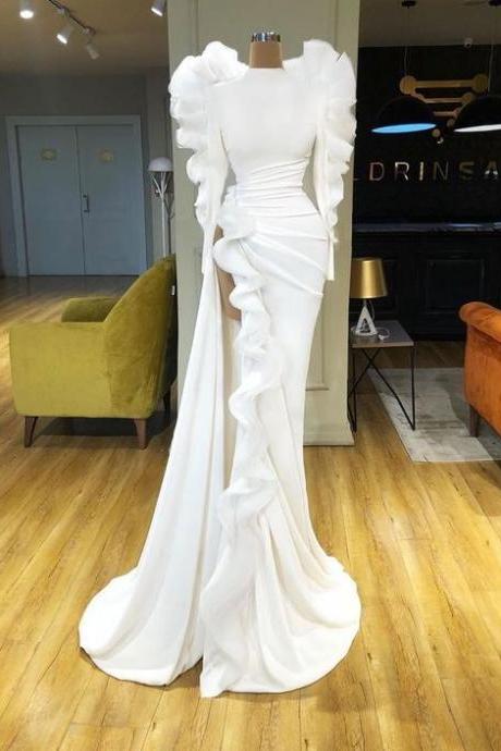 White Prom Dresses, Crew Neck Prom Dresses, Ruffle Prom Dresses, Side Slit Evening Dresses,pl2200