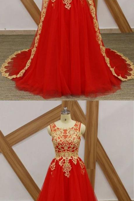 Red Tulle Gold Lace Applique Long Arabic Formal Prom Dress With Sleeve,pl2211