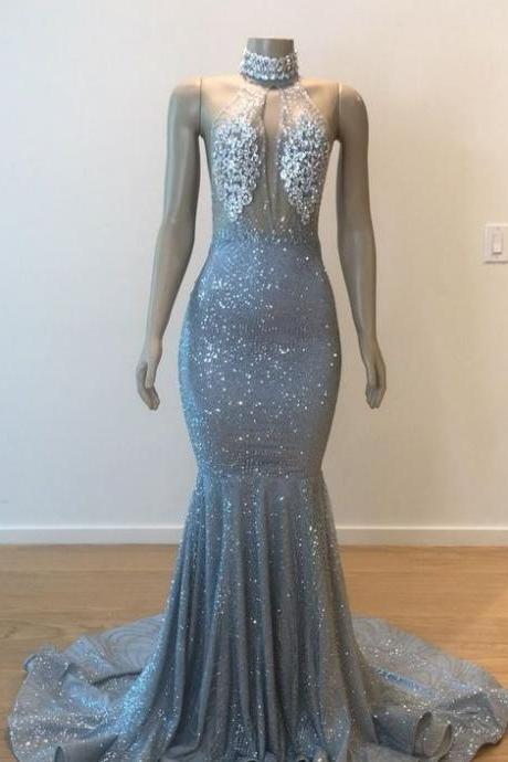 Luxury Halter Sliver Mermaid Prom Dress,pl2222