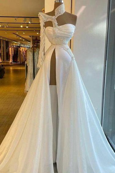 White Prom Dresses, High Neck Prom Dresses, Side Slit Prom Dresses,pl2224