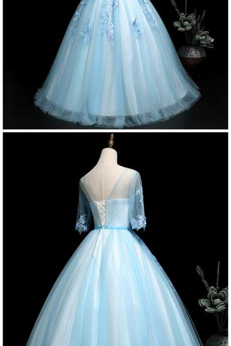 Blue 1/2 Sleeves Tulle Lace Prom Dresses,applique Sheer-straps Jewel Sweet 16 Dress,pl2232