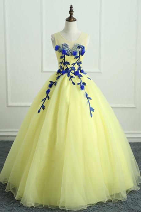 Yellow Tulle Scoop Neck Long Flower Applique Evening Dress, Sweet 16 Prom Dress,pl2246