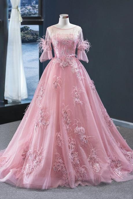 Unique Pink Tulle Lace Mid Sleeve Long A Line Formal Prom Dress, Evening Dress ,pl2252