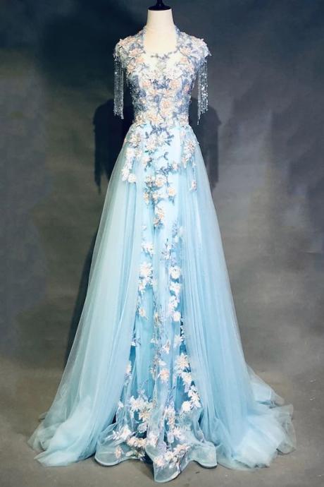 Modest Square Neckline Beading Appliques Sky Blue Long Prom Dress Pageant Gown,pl2257