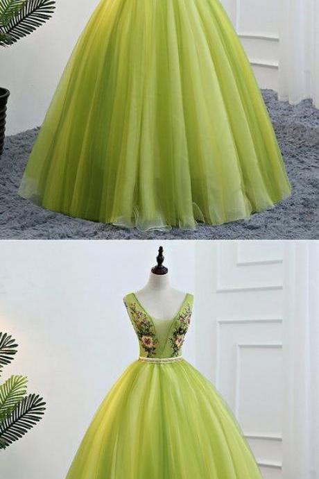Fresh Green Tulle V Neck Long Lace Up Senior Prom Dress With Applique,pl2269