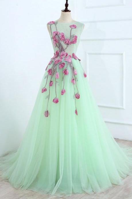 Light Green Tulle Long Embroidery Evening Dress, Open Back Prom Dress,pl2274