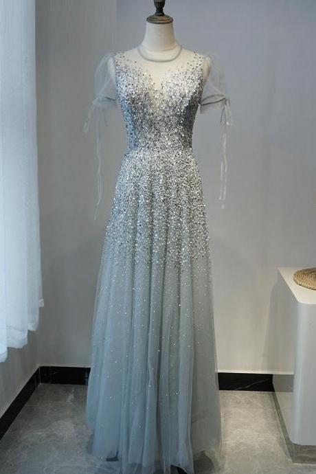 Scoop Elegant Princess Silver Sparkly Long Prom Dress Evening Formal Gown,pl2291