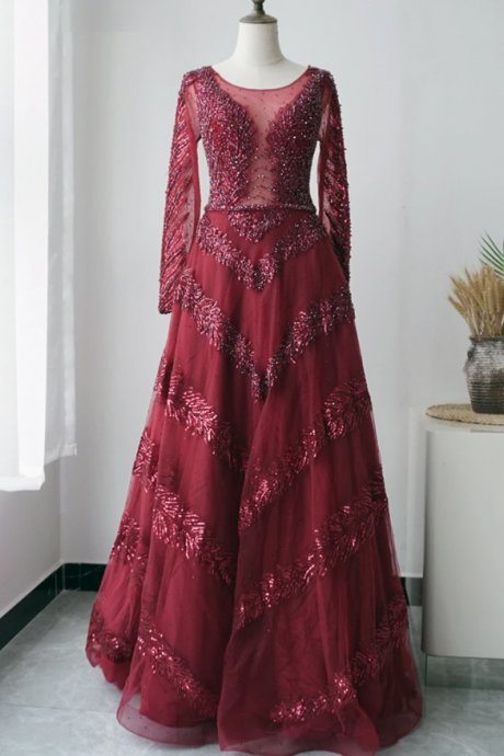 Elegant Long Luxury Burgundy Long Evening Dress Formal Gowns ,pl2298