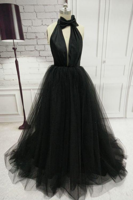 A-line Halter Prom Dresses Black Simple Long Prom Dress Evening Dresses ,pl2300