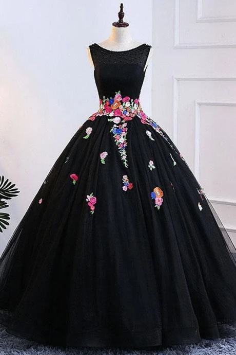 A Line Black Colorful Lace Applique Long Prom Dress Lace Up Formal Dress,pl2314