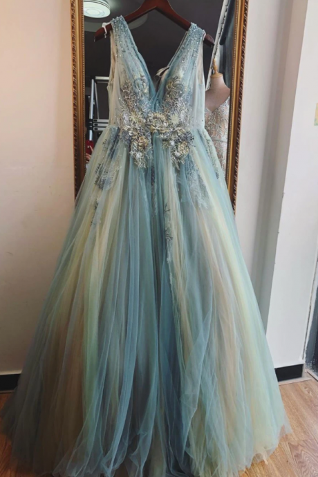 A-line V Neck Ombre Blue Long Prom Dresses Beautiful Applique Evening Dress,pl2319