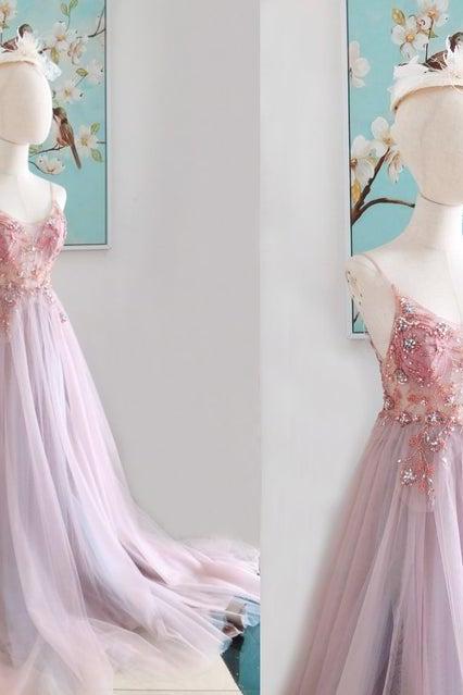 Tulle Pink Prom Dress With Slit Tulle Spaghetti Strap Jewelry Tulle Prom/Evening Dress Christmas Dress Birthday Pink Prom Dress ,PL2326
