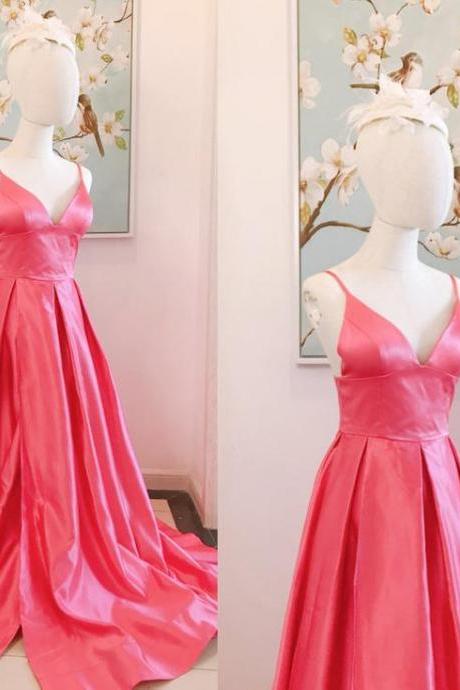 V Neck High Slit Long Satin Prom Dress,low Back Thin Straps Evening Gowns,women Formal Evening Dresses,fuchsia Simple Satin Bridesmaid
