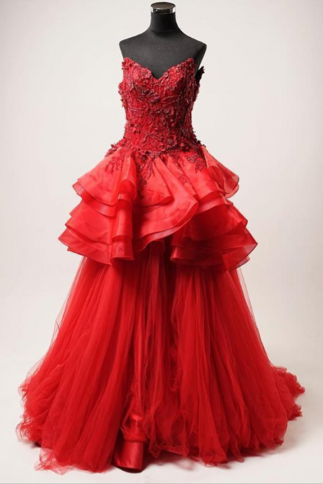 Red Lace Beaded Ruffles A-line Long Evening Prom Dresses, Evening Party Prom Dresses,pl2331