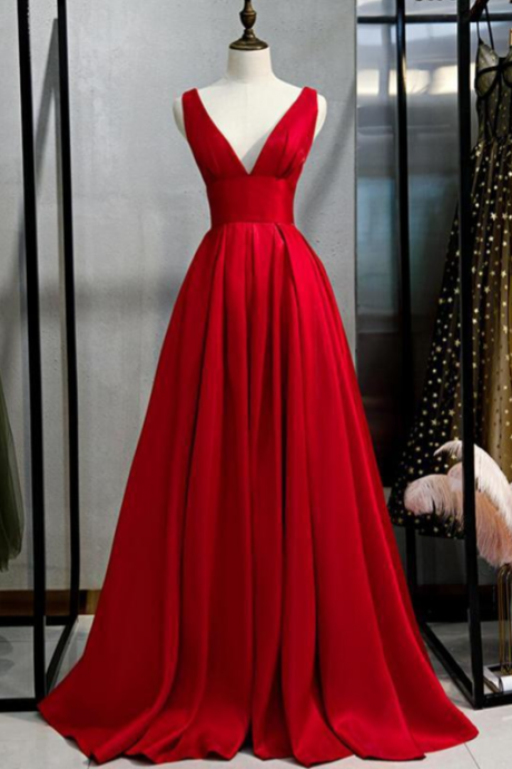 V Neck Simple Red A-line Long Evening Prom Dresses, Evening Party Prom Dressespl2332