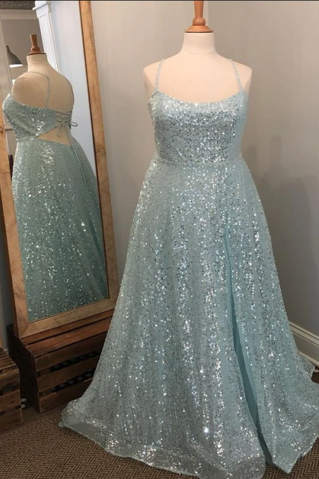 Light Blue Side Slit Long Prom Dress With Sequins,pl2334