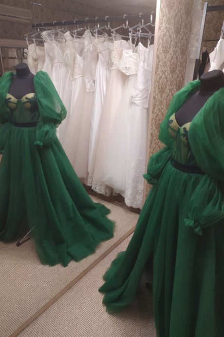 Puff Sleeve Dress, Bridesmaid Dress, Green Tulle Lace Dress, Princess Simple Dress, Evening Dress, Cocktail Dress, Feminine Party Dress,pl2338