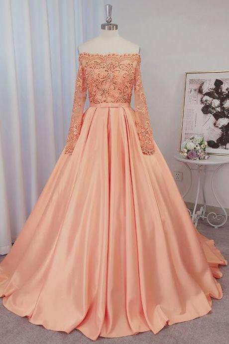 Ball Gown Satin Long Sleeves Beading Off-the-shoulder Court Train Dresses,pl2352