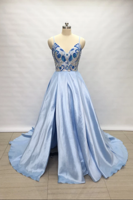 Spaghetti Straps Light Sky Blue Satin Long Prom Dress With Slit,pl2368