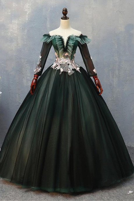 Vintage Dark Green Banquet Dress Palace Style Prom Dress Long Illusion Sleeve Dress Luxury Off Shoulder Dress Gorgeous Party Dress Ball