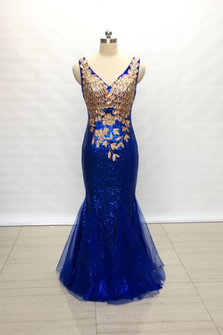 Mermaid V-neck Royal Blue Sequin Tulle Long Prom Dress With Lace Appliques,pl2371