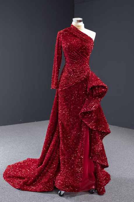 Dubai Luxury One Shoulder Red Evening Dress 2021, Sequin Sparkle Mermaid Sexy Formal Dress, Long Sleeve Reception Dress,pl2384